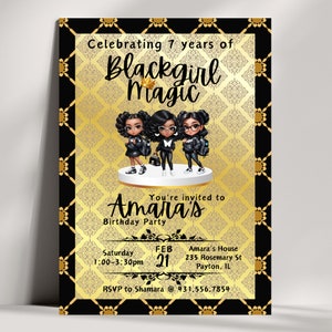 Black Girl Magic Birthday Invitation with Chibi African American girls, Sweet and Sassy Birthday Invitation, African American Invitation