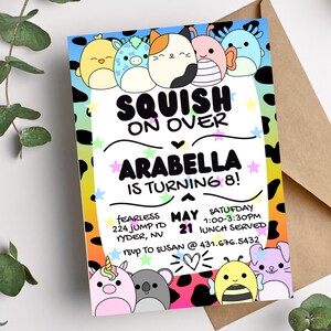 May include: A colorful birthday party invitation with a rainbow background and black spots. The invitation says "Squish On Over Arabella Is Turning 8!" with a cute cartoon character on each corner. The invitation includes the date, time, and location of the party.