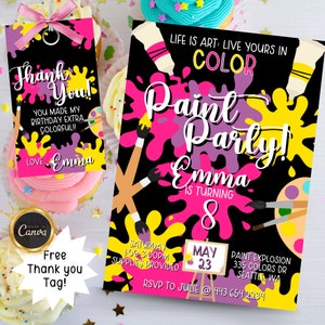 Pode incluir: Um convite para uma festa de pintura colorida com fundo preto e respingos de tinta rosa, amarelo, roxo e azul. O texto diz "A vida é arte: viva a sua em cores. Festa de pintura! Emma faz 8 anos. Sábado 1:00-3:00PM Materiais fornecidos. 23 de maio. Explosão de tinta 335 Colors Dr Seattle WA RSVP para Julie no 443.654.2234"