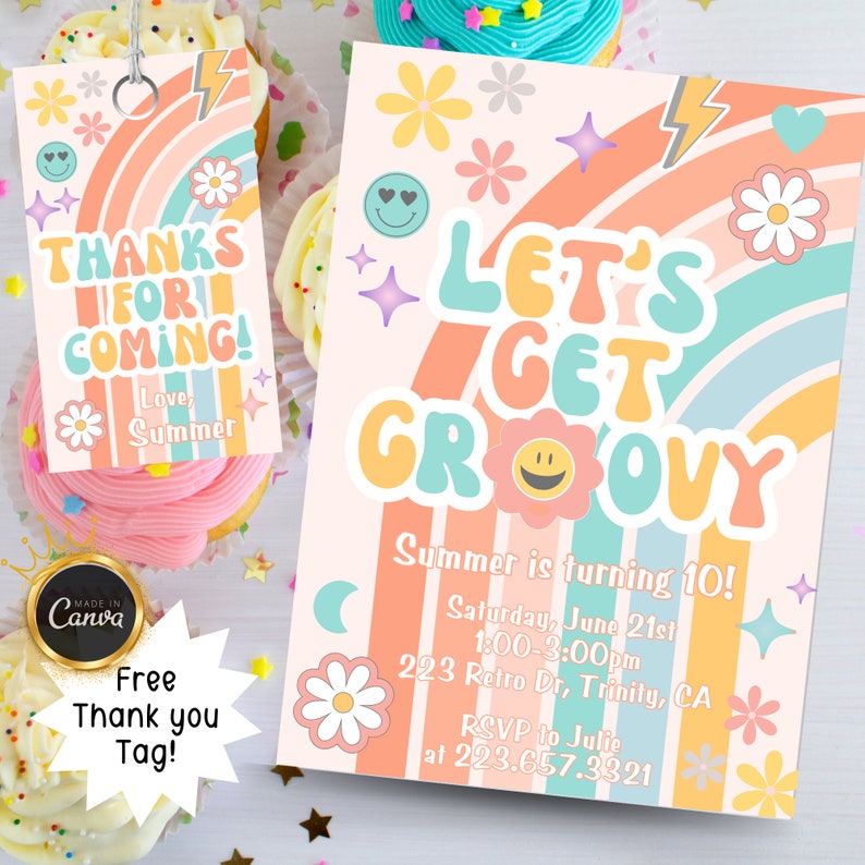 Let's Get Groovy Preppy Birthday Invitation Girls Birthday Happy Face ...