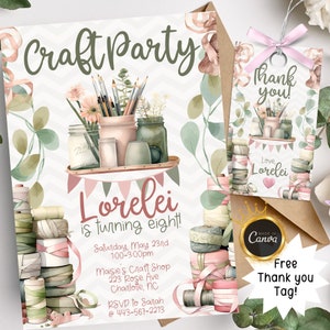 May include: A pink and green craft party invitation featuring a watercolour illustration of jars, pencils, and yarn. The invitation reads "Craft Party" and "Lorelei is turning eight!" with details about the party, including the date, time, location, and RSVP information.