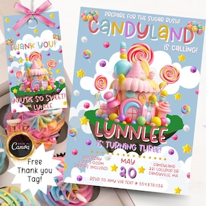 Invito di compleanno Candyland Dolci e caramelle Tema Compleanno Candy World Colorati colori vivaci Lecca-lecca Candy House