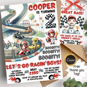 レーシングカー 2歳の誕生日招待状 ゴーカート レースカーテーマ レーストラック フィニッシュライン チェッカーフラッグ カーレース