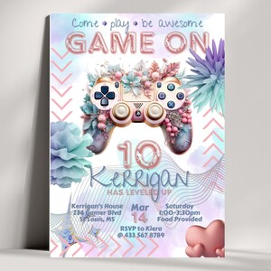 Gamer Girl Birthday Einladung mit Game Controller, Gaming Einladung für Mädchen Pink und Blau, Gaming Geburtstag Themen Einladung für Kinder