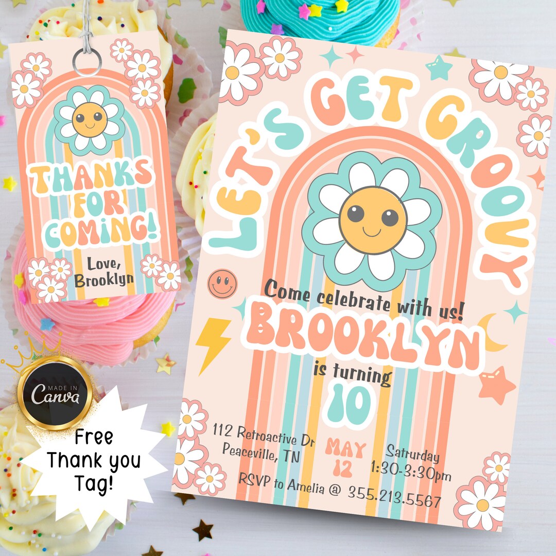 Let's Get Groovy Retro Birthday Invitation Girls Birthday Happy Face ...