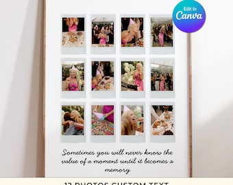 Custom Polaroid 12 Photo Collage Template, Custom Text, Memory Gift (Editable in Canva)(Digital Download)