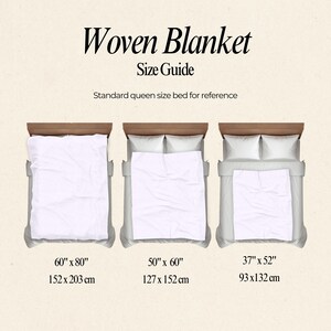 May include: A size guide for woven blankets, showing three different sizes: 60" x 80", 50" x 60", and 37" x 52". Each size is shown on a bed with a standard queen size bed for reference.
