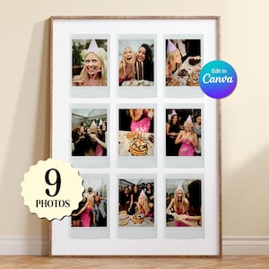 Puede incluir: Una impresión enmarcada con nueve fotos estilo Polaroid de una celebración de cumpleaños. Las fotos muestran a personas con gorros de fiesta, sonriendo y disfrutando de un pastel. El marco es de color marrón claro, y la impresión incluye el texto "9 PHOTOS".