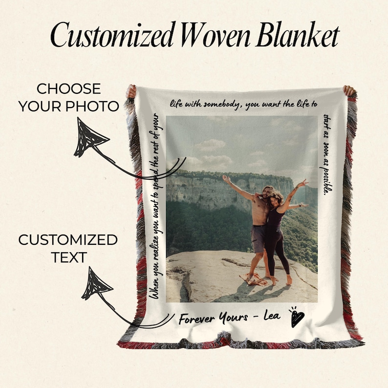 May include: A white woven blanket with a photo of a couple standing on a mountaintop. The blanket has a red and black fringe border. The text "When you realize you want to spend the rest of your life with somebody, you want the life to start as soon as possible." is printed on the blanket. The text "Forever Yours - Lea" is also printed on the blanket.