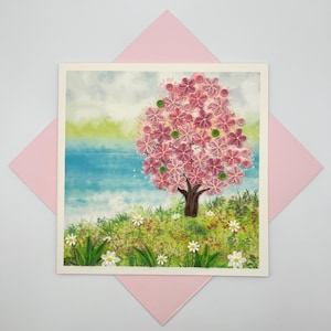 Carte faite main fleur rose Sakura