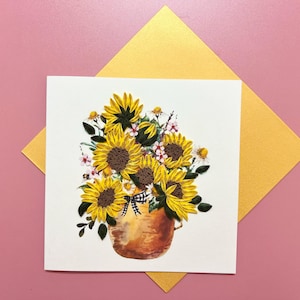 Cartão de felicitações de girassol feito à mão - ecológico, interior em branco para qualquer ocasião, presente artesanal para aniversários e obrigado