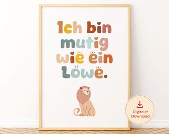 Soy valiente como un león - Póster para habitaciones infantiles, Afirmación positiva para niños, Lámina de motivación, Descarga digital