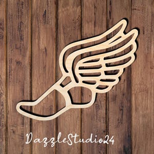 May include: Wooden cutout of a winged foot, a symbol of speed and athleticism. The cutout is unpainted and has a natural wood finish.