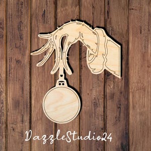Grinch Hand Holding Ornament Cutout-Laser Cut Wood Shape for DIY Christmas Crafts- Wreaths-Holiday Door Signs-Craft Projects. Paint by Line.