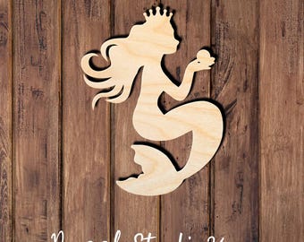 Crowned Mermaid with Pearl Wood Cutout-DIY Beach Decor-Laser Cut Craft Blank-Under the sea-Ocean Nursey.06