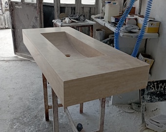 Fluted Travertine Stone Bathroom Sink, Wall Mounted Vanity Sink, Natural Polished Washbasin