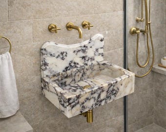 Calacatta Viola Fluted Vanity Basin with Backsplash, Luxury Bathroom Statement marble vessel sink