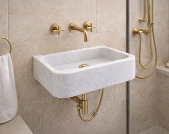 Carrara Marble Wall Mounted Sink – Modern Bathroom Vanity Basin – Minimalist Powder Room Stone Sink