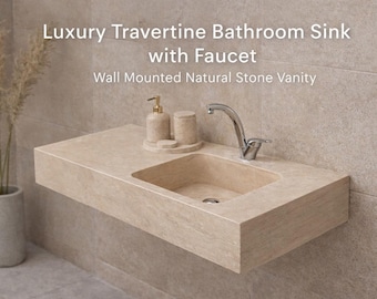 Luxury Travertine Marble Sink, Wall Mounted Handcarved Vanity, Modern Stone Wash Basin