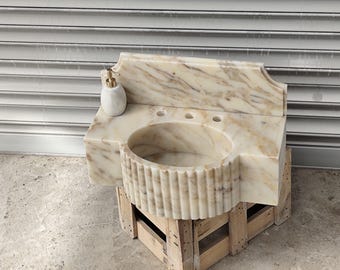 Lavabo de mármol Calacatta Gold – Lavabo de pared estriado tallado a mano