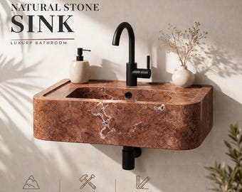 Red Travertine Sink, Handmade Natural Stone, Wall Mounted Luxury Bathroom Vanity