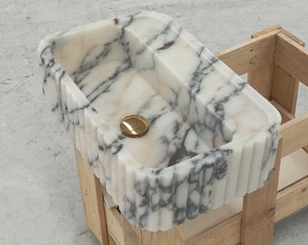 Lavandino in marmo Calacatta Viola, Lavandino da bagno, Mobiletto sospeso, Lavabo in pietra di lusso