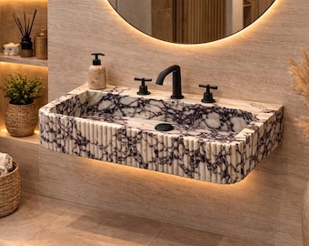 Calacatta Viola marble vessel sink Wall Mount Sink, Rectangular Bathroom Vanity, Farmhouse Style