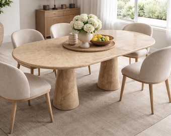 Travertine Oval Dining Table, Natural Stone Pedestal, Minimalist Beige Furniture