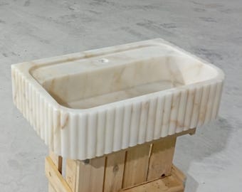 Vintage Calacatta Gold Marble Sink, Fluted Vanity Sink, Luxury Bathroom Decor