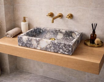 Calacatta Viola Luxury Handmade Marble Bathroom Sink – Wall Mounted Stone Basin with Wall Faucet