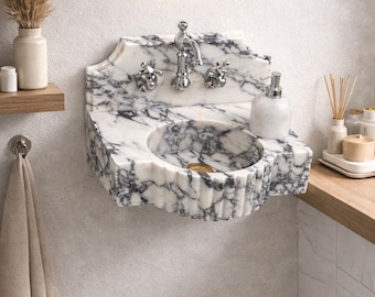 Calacatta Viola, Bathroom Sink, Wall mounted with Backsplash, Handcarved Marble Washbasin, Natural Stone, Custom