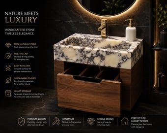 Luxury Calacatta Viola Marble Vanity with Cabinet, Handmade Natural Stone Sink, Modern Bathroom Storage Unit