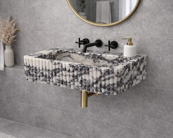 Calacatta Viola Sink, Wall Mounted Fluted Marble Bathroom Sink, Luxury Stone Basin