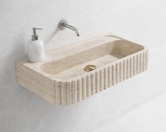 Fluted Travertine Stone Bathroom Sink, Wall Mounted Vanity Sink, Natural Polished Washbasin