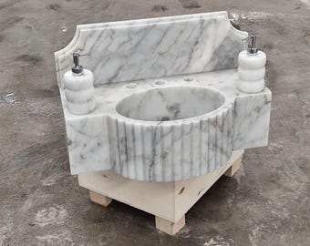 Carrara Marble Sink: Fluted Wall Mounted Vanity Basin – Luxury Spa Bathroom