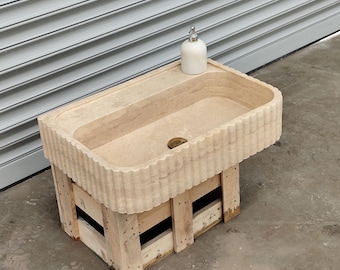 earthy bathroom decor Travertine Wall Mounted Sink, Beige Natural Stone Washbasin, Handmade Floating Vanity