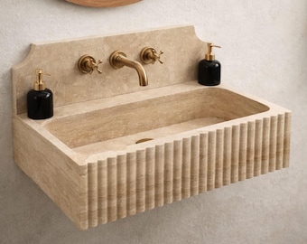 earthy bathroom decor Travertine Sink: Wall Mounted Natural Stone Bathroom Vanity