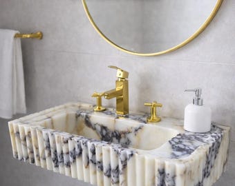 Calacatta Viola marble vessel sink Fluted Wall Mounted Bathroom Sink, Luxury Stone Vanity