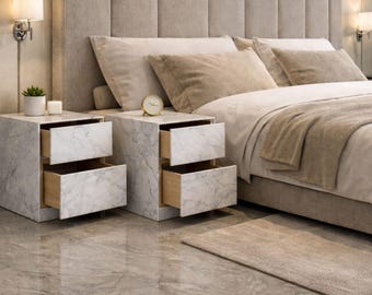 Set of 2 Carrara Marble Nightstands, Modern 2-Drawer Bedside Tables