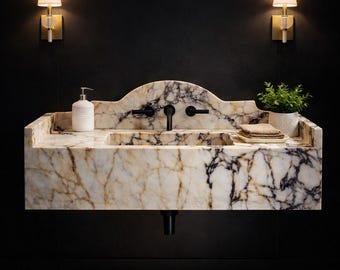 Lavabo de mármol Calacatta Viola – Lavabo de lujo para montaje en pared, tallado a mano