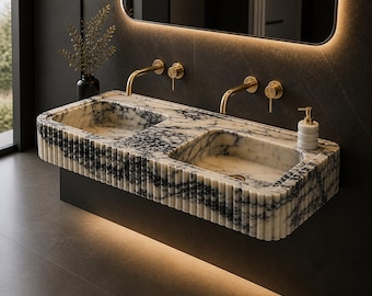 Luxe marmeren dubbele wastafel, zwevende wandmontage, handgemaakte zwarte ader natuursteen wastafel, designer wastafel