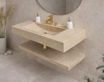 Luxury Travertine Bathroom Sink with Integrated Shelf – Wall Mounted Natural Stone Vanity