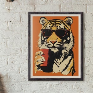 Arte de pared de tigre / Impresión genial de tigre con gafas de sol / Póster de decoración de animales retro / Arte de dormitorio universitario