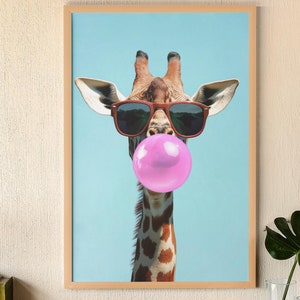 Giraffe Art Print | Fun Giraffe with Sunglasses and Bubble Gum | Quirky Animal Wall Decor