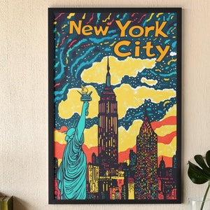 New York City Wall Art | Statue of Liberty and Skyline Print | Retro Style Travel Poster