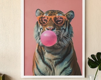 Trendy Tiger Wall Art | Tiger with Sunglasses and Pink Bubble Gum | Unique Animal Print for Modern Decor