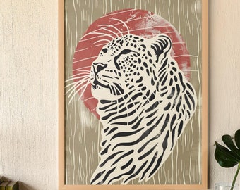 Leopard Wall Art | Red Sun Jungle Print | Safari Animal Decor