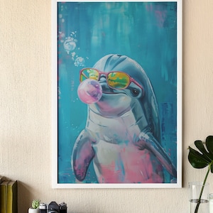 Trendiges Delfin Poster | Stylischer Delfin mit Sonnenbrille und Kaugummi | Wunderlicher Ocean Kunstdruck für Zuhause oder im Büro