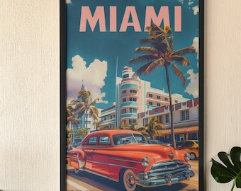 Retro Miami Beach Art Deco Poster Print - Vintage Travel Wall Art - Classic Miami Scene with Palm Trees - Perfect Coastal Decor