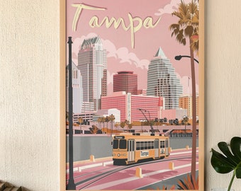 Tampa Riverwalk Retro Poster, Tampa Travel Poster, Pink Tampa Print, University of Tampa Dorm Poster